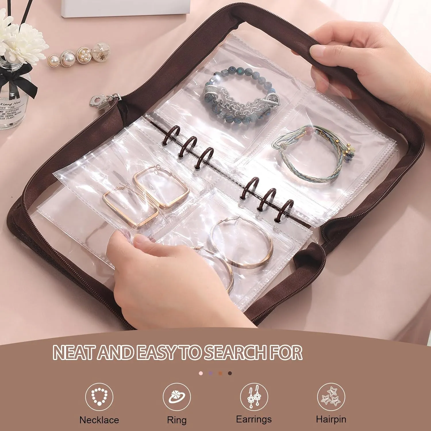 Jewelry Storage Book Transparent Earring Organizer Book travel jewelry organizer Book for Earrings Necklace Bracelet Ring, Brown