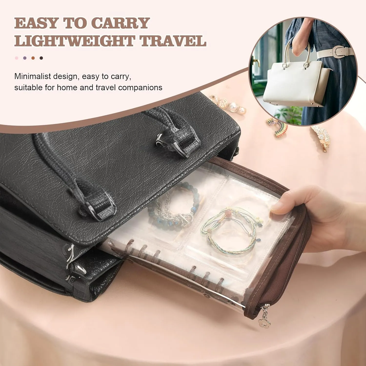 Jewelry Storage Book Transparent Earring Organizer Book travel jewelry organizer Book for Earrings Necklace Bracelet Ring, Brown