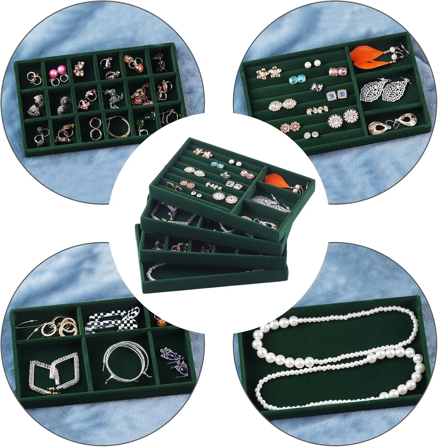 Jewelry Trays,Velvet Stackable Organizer Trays,Drawer Inserts Jewelry Display Case For Rings Stud Necklaces Earring Organizer Tray for Women Girls-8 Pack (Green)