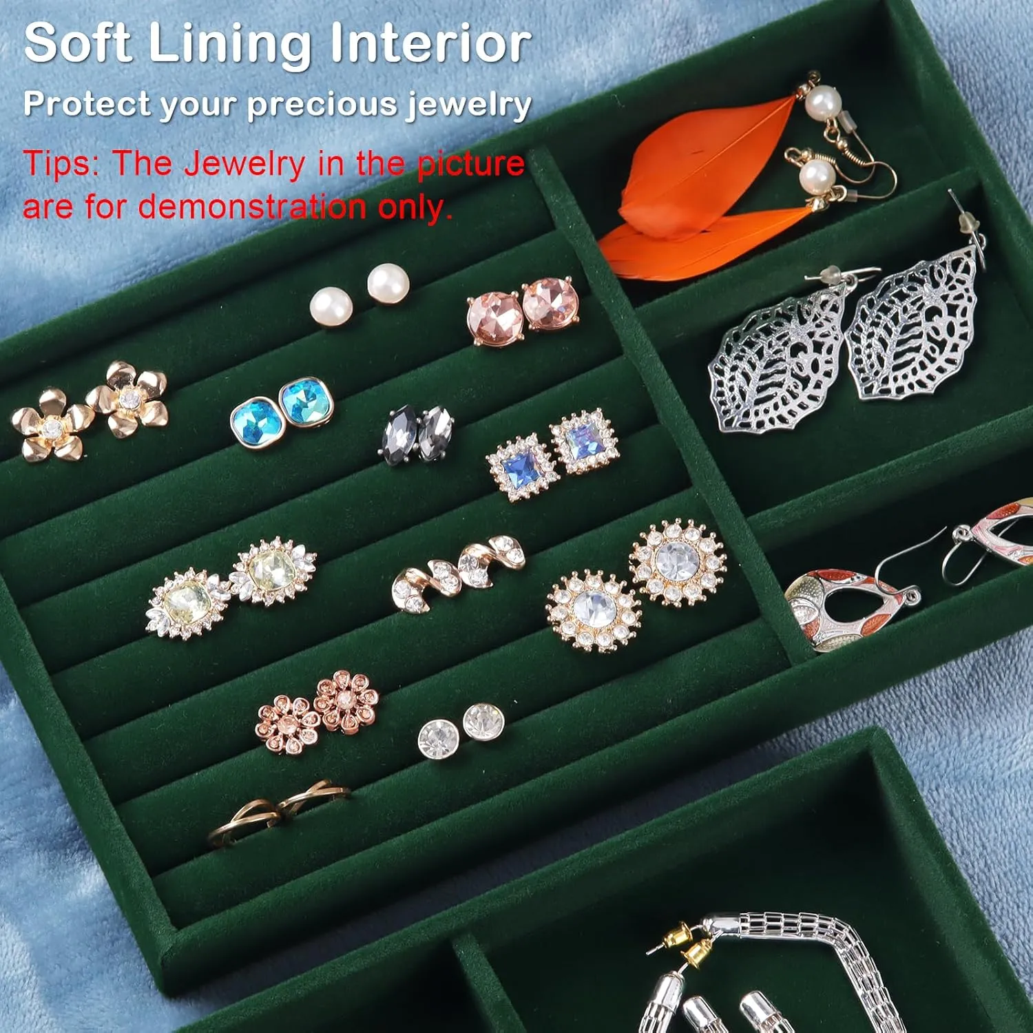 Jewelry Trays,Velvet Stackable Organizer Trays,Drawer Inserts Jewelry Display Case For Rings Stud Necklaces Earring Organizer Tray for Women Girls-8 Pack (Green)