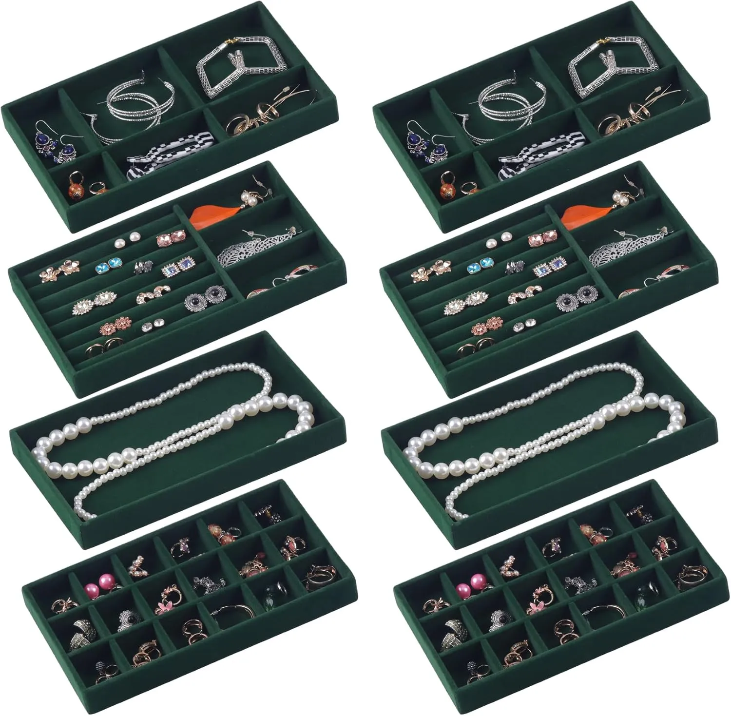 Jewelry Trays,Velvet Stackable Organizer Trays,Drawer Inserts Jewelry Display Case For Rings Stud Necklaces Earring Organizer Tray for Women Girls-8 Pack (Green)