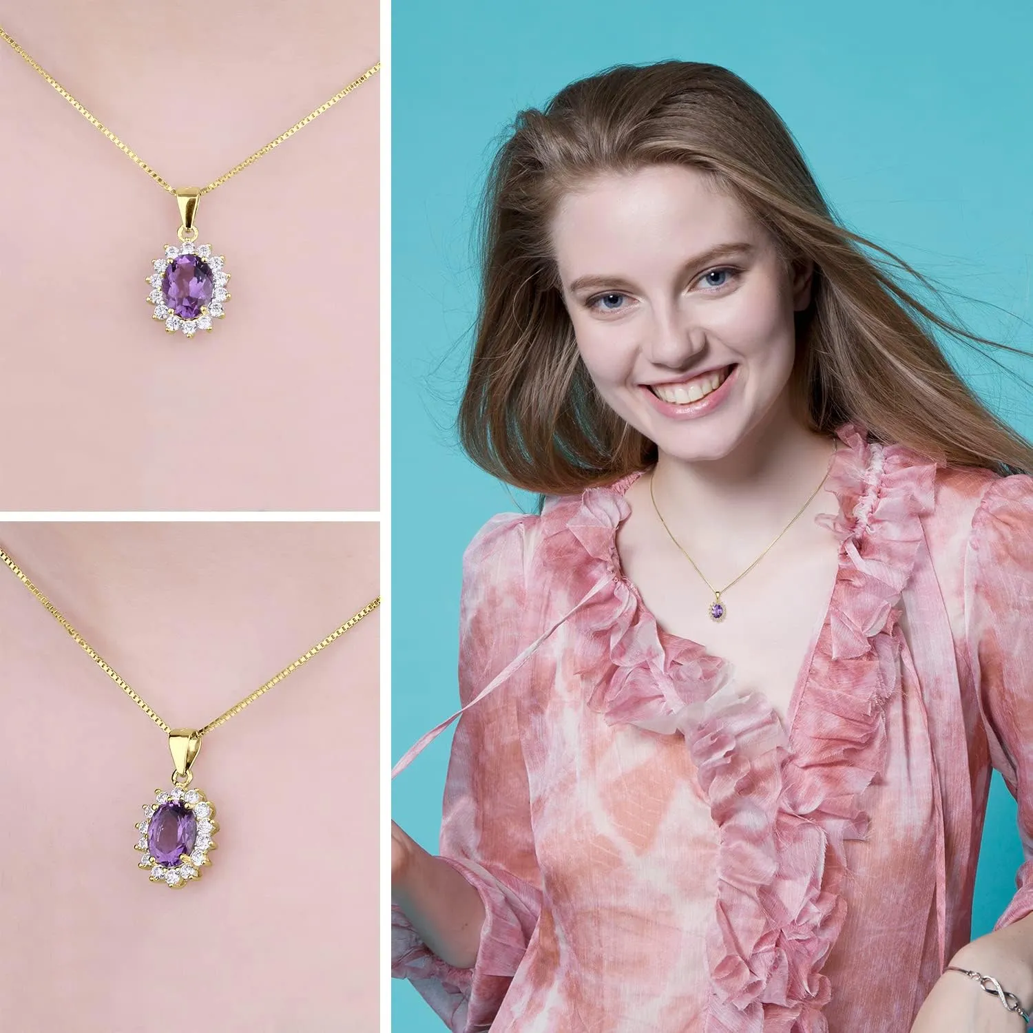 JewelryPalace Princess Diana Kate Middleton Natural Amethyst Citrine Garnet Peridot Topaz Created Ruby Sapphire Simulated Emerald Pendant Necklace for Women, 925 Sterling Silver Gemstone Jewelry Set