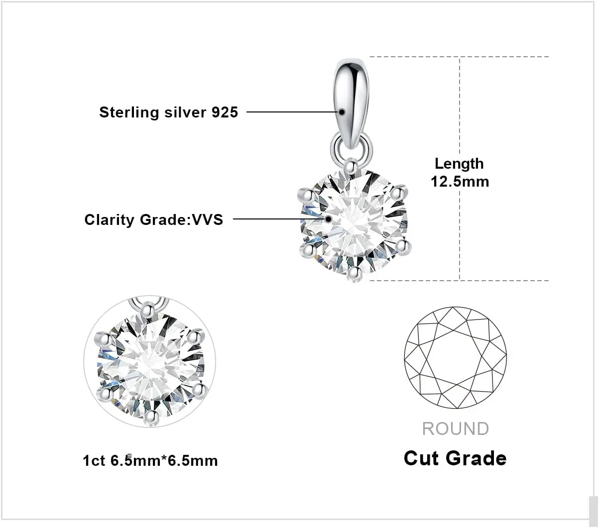 JewelryPalace Round 1ct 2ct 3ct Moissanite Solitaire Pendant Necklace for Women, Classic Simulated Diamond 925 Sterling Silver 14k White Gold Plated Necklaces for Her VVS D-F, 18 Inch Box chain