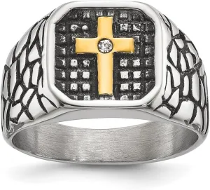 JewelryWeb 11mm Stainless Steel Artisan Oxidized and Polished Yellow Ip With CZ Simulated Diamond Religious Faith Cross Signet Ring Size 9 Band Style-Ring for Women
