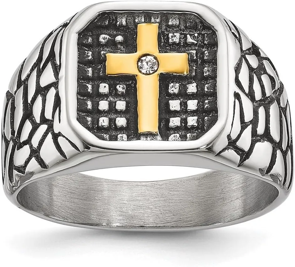 JewelryWeb 11mm Stainless Steel Artisan Oxidized and Polished Yellow Ip With CZ Simulated Diamond Religious Faith Cross Signet Ring Size 9 Band Style-Ring for Women