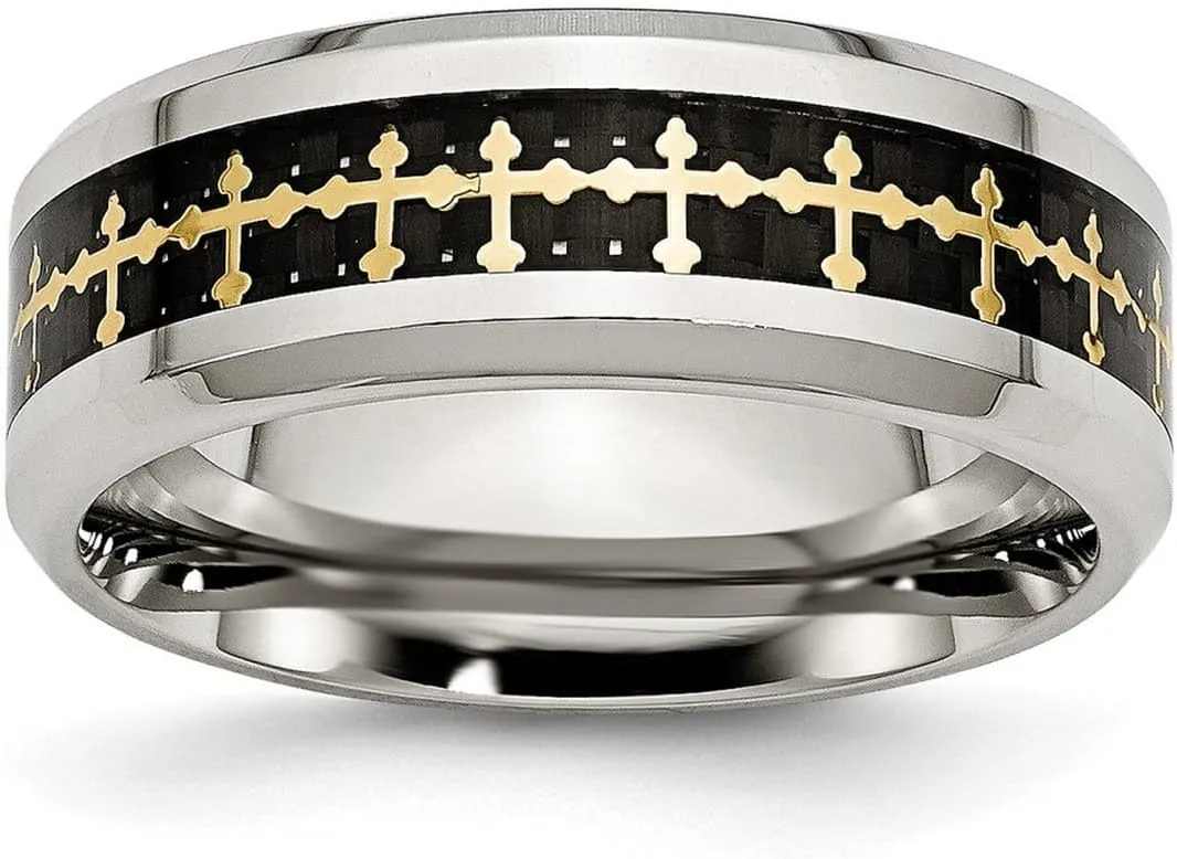 JewelryWeb Stainless Steel Beveled Edge Polished Carbon Fiber Yellow Ip Plated Religious Faith Crosses Ring Size 12.5 Band Style-Ring for Women