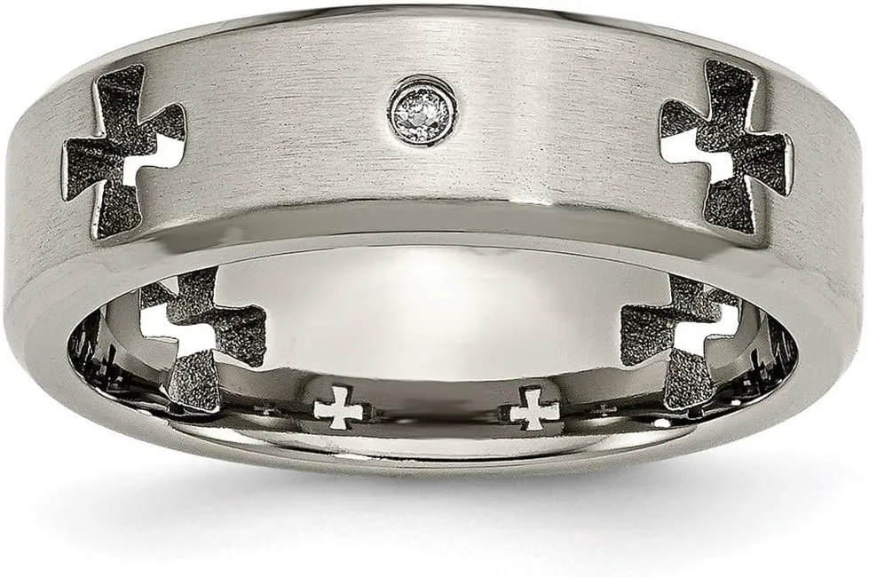 JewelryWeb Titanium Brushed Polished edges Irish Claddagh Celtic Trinity Knot Religious Faith Cross Cut Out with Diamond 7mm Band Ring Size 7.5-Band Style-Ring for Women and Men