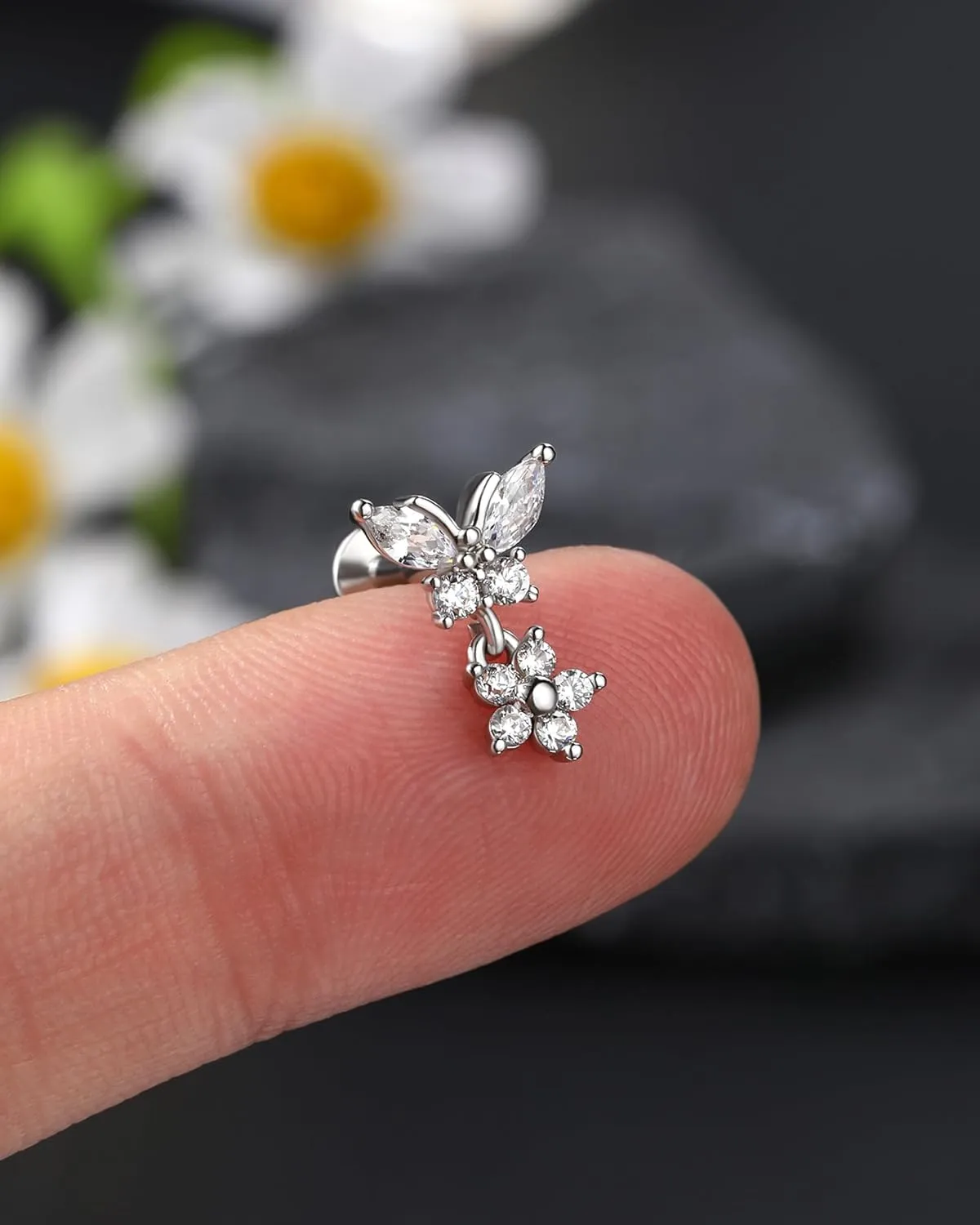 Jewseen 316L Surgical Steel Flat Back Earrings 16g Internally Threaded Cartilage Stud Earrings Butterfly Floral Dangle Helix Tragus Conch Piercing Jewelry for Women