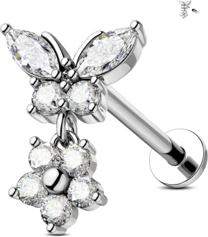Jewseen 316L Surgical Steel Flat Back Earrings 16g Internally Threaded Cartilage Stud Earrings Butterfly Floral Dangle Helix Tragus Conch Piercing Jewelry for Women