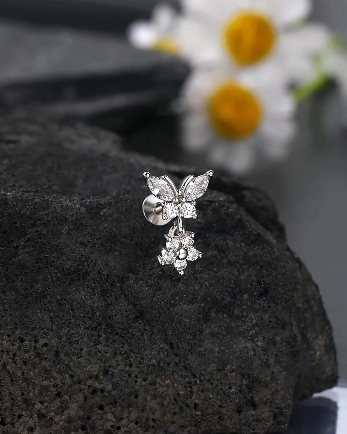 Jewseen 316L Surgical Steel Flat Back Earrings 16g Internally Threaded Cartilage Stud Earrings Butterfly Floral Dangle Helix Tragus Conch Piercing Jewelry for Women
