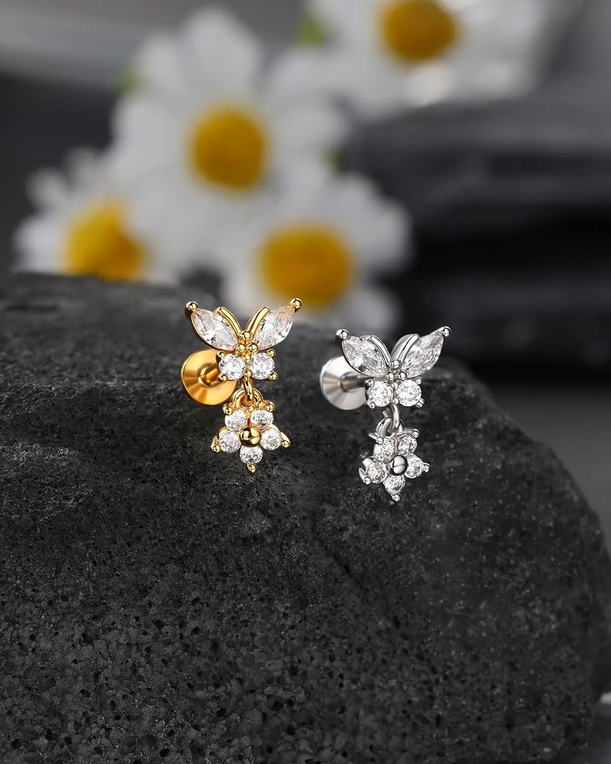 Jewseen 316L Surgical Steel Flat Back Earrings 16g Internally Threaded Cartilage Stud Earrings Butterfly Floral Dangle Helix Tragus Conch Piercing Jewelry for Women