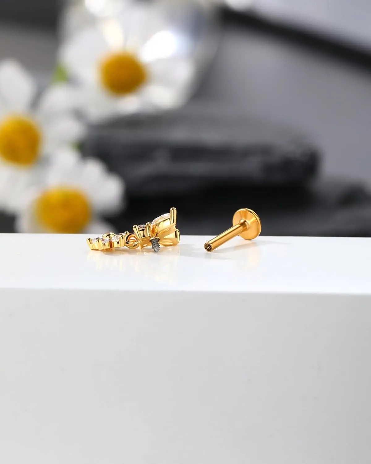 Jewseen 316L Surgical Steel Flat Back Earrings 16g Internally Threaded Cartilage Stud Earrings Butterfly Floral Dangle Helix Tragus Conch Piercing Jewelry for Women