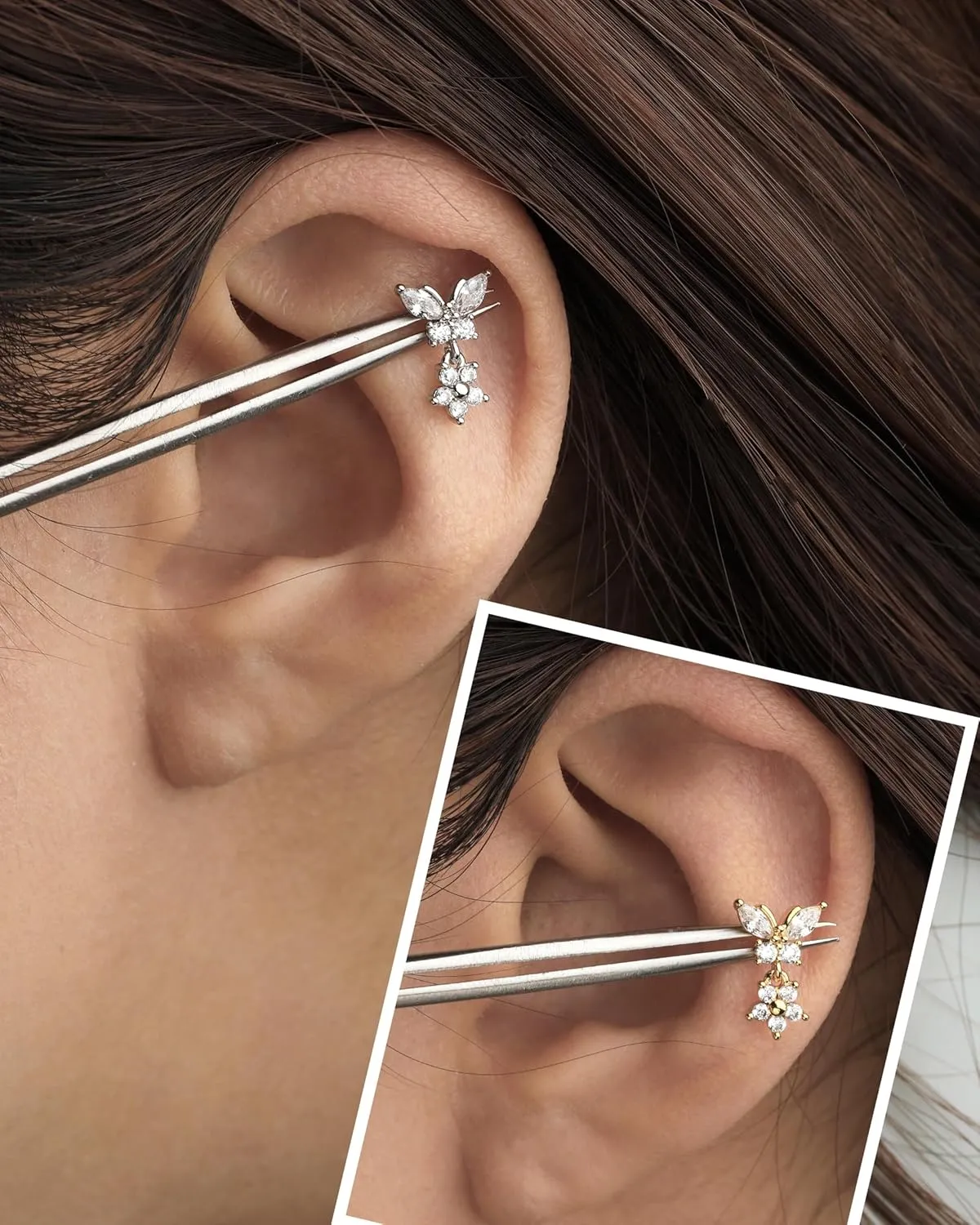 Jewseen 316L Surgical Steel Flat Back Earrings 16g Internally Threaded Cartilage Stud Earrings Butterfly Floral Dangle Helix Tragus Conch Piercing Jewelry for Women