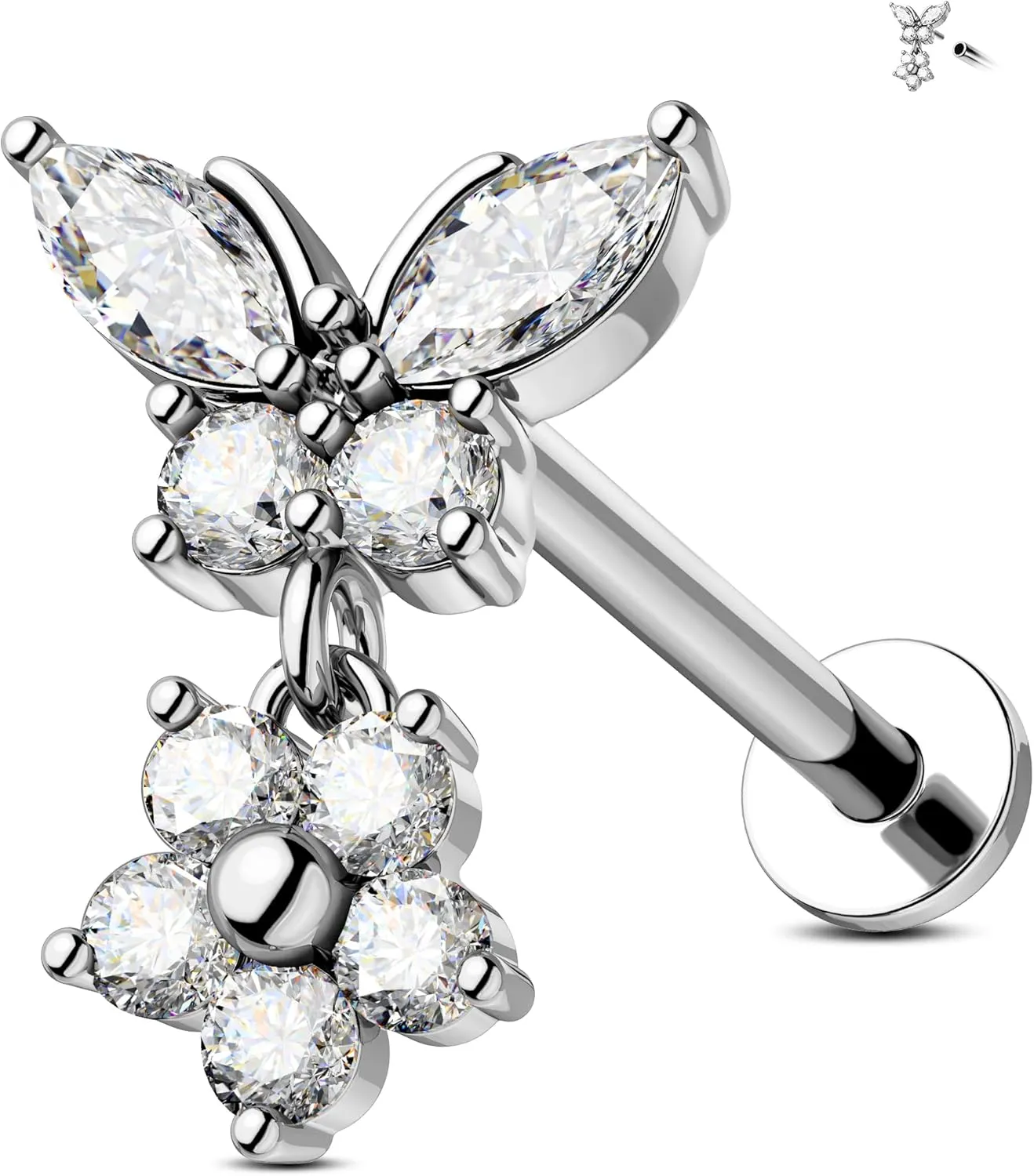 Jewseen 316L Surgical Steel Flat Back Earrings 16g Internally Threaded Cartilage Stud Earrings Butterfly Floral Dangle Helix Tragus Conch Piercing Jewelry for Women