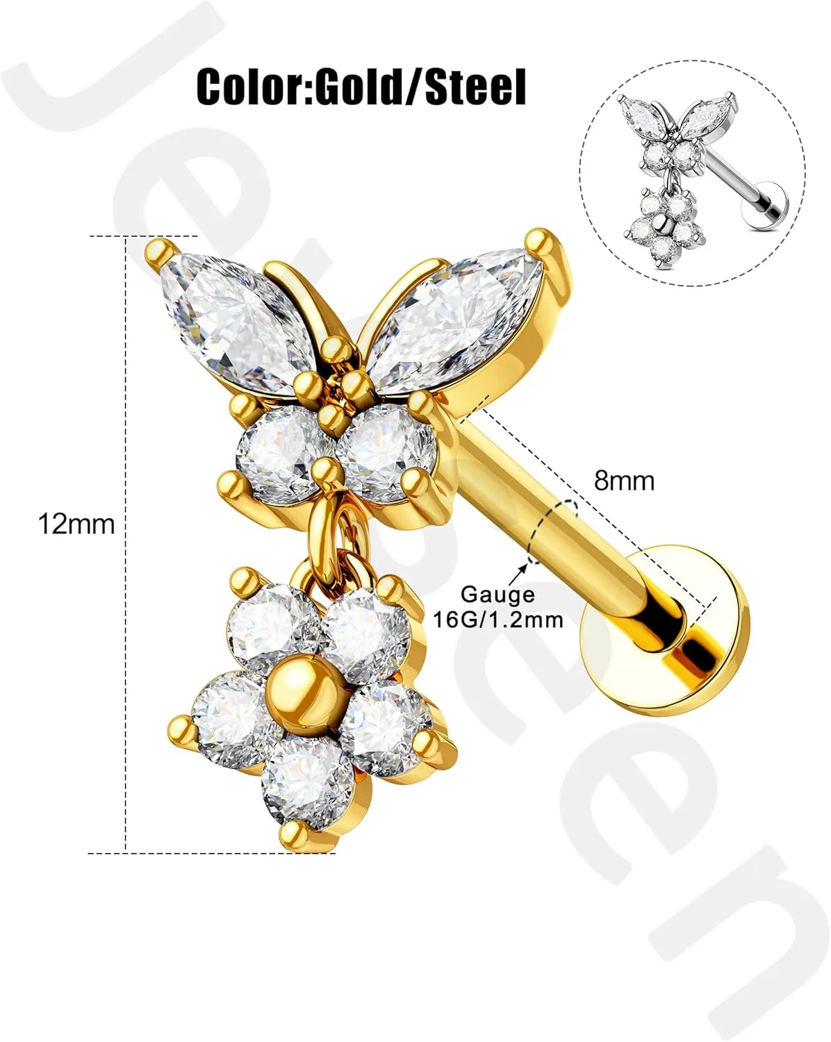 Jewseen 316L Surgical Steel Flat Back Earrings 16g Internally Threaded Cartilage Stud Earrings Butterfly Floral Dangle Helix Tragus Conch Piercing Jewelry for Women