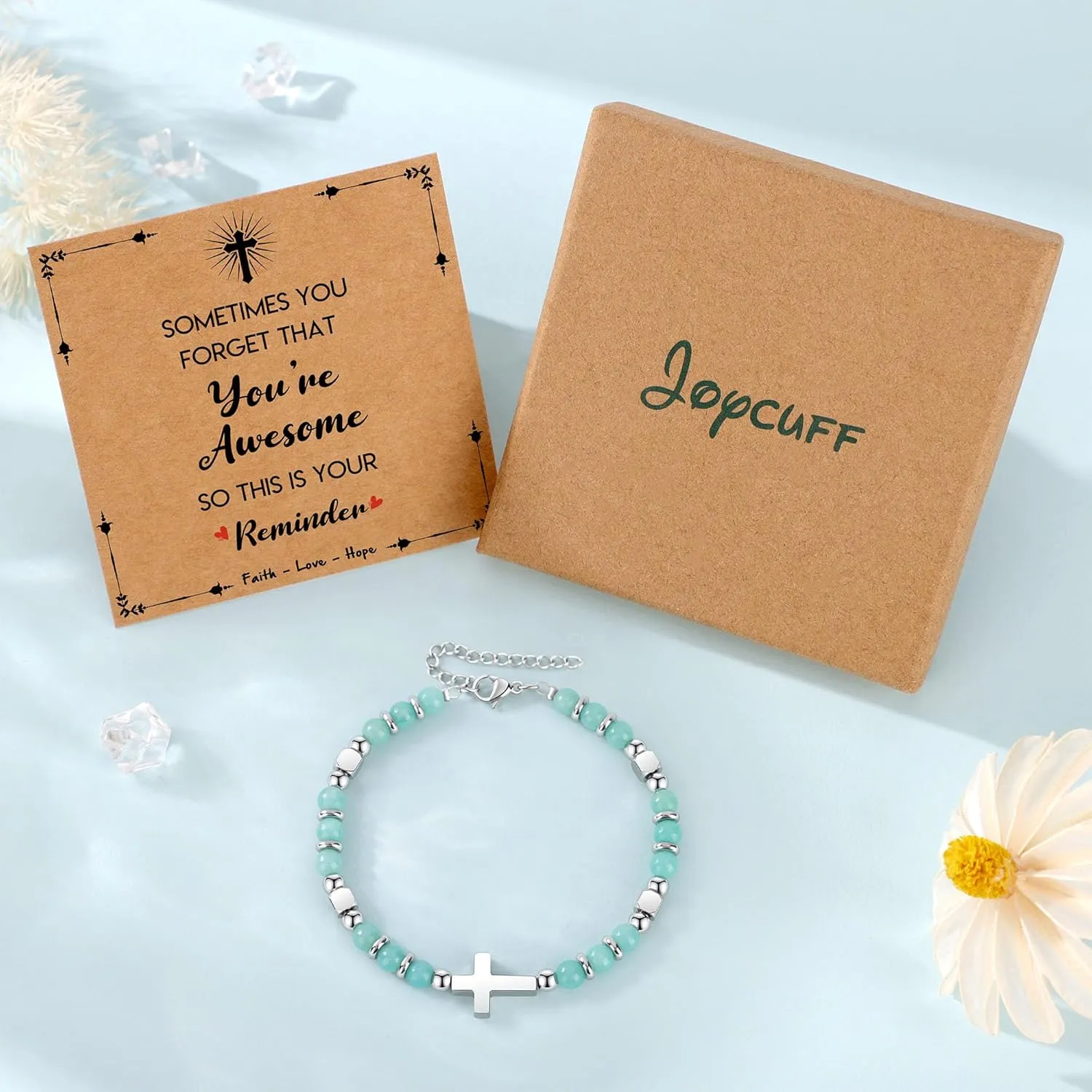 JoycuFF Christian Gifts for Women Cross Bracelet Faith Easter Catholic Religious Christian Jewelry, Meaningful Baptism Communion Natural Beads Bracelets