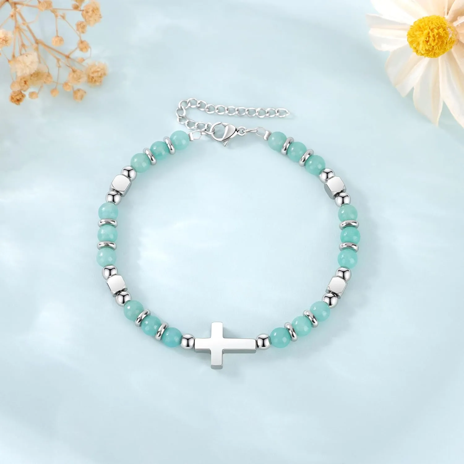 JoycuFF Christian Gifts for Women Cross Bracelet Faith Easter Catholic Religious Christian Jewelry, Meaningful Baptism Communion Natural Beads Bracelets