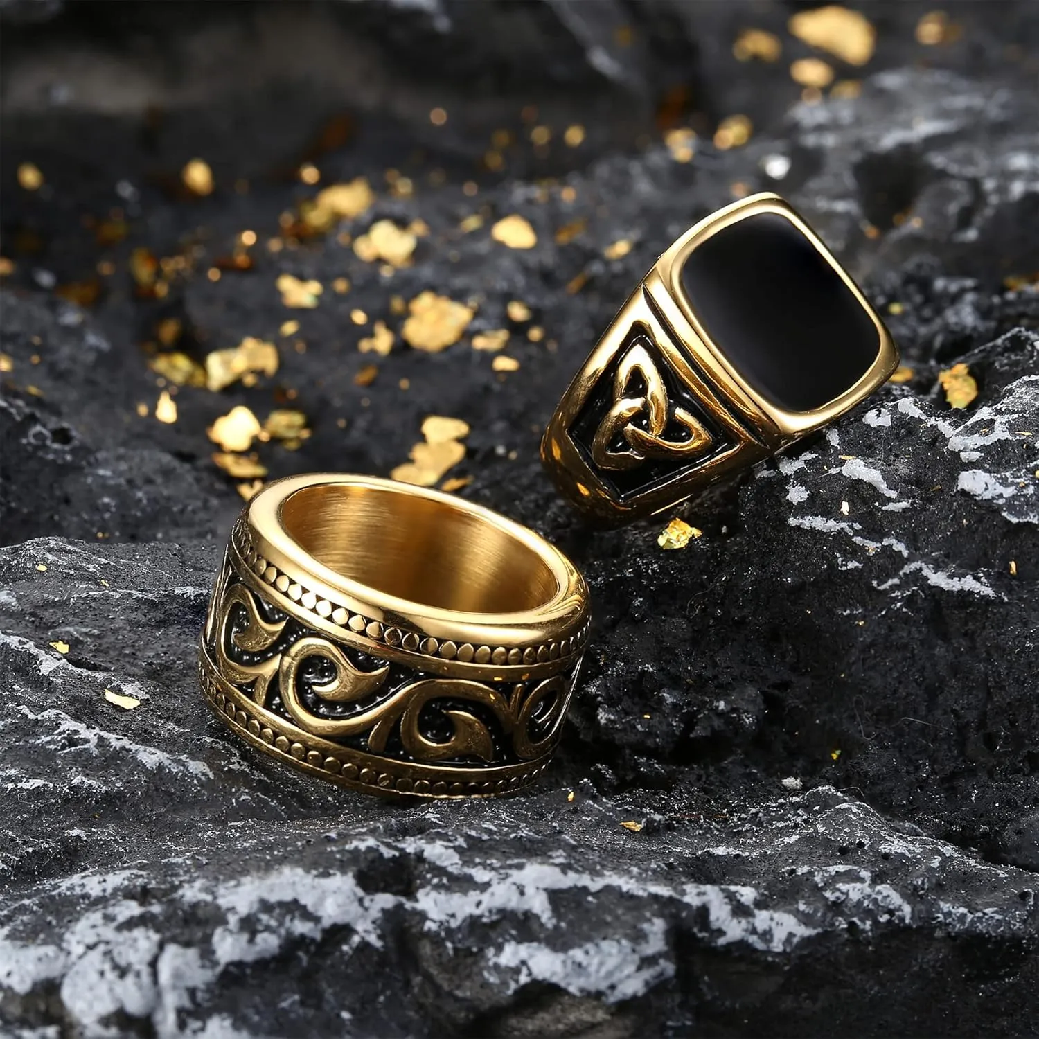 Jstyle 4Pcs Stainless Steel Vintage Signet Rings for Men Biker Rings Set Pinky Thumb Celtic Band Ring Spinner Ring Silver Gold Polished Edge Mens Rings for Men Jewelry Gift