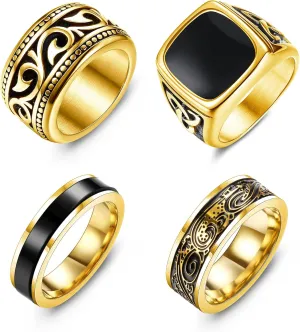 Jstyle 4Pcs Stainless Steel Vintage Signet Rings for Men Biker Rings Set Pinky Thumb Celtic Band Ring Spinner Ring Silver Gold Polished Edge Mens Rings for Men Jewelry Gift