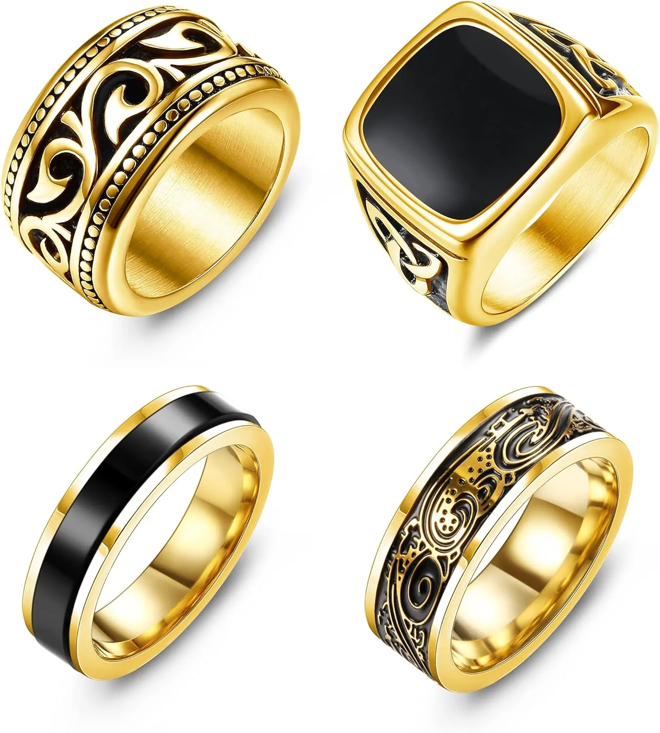 Jstyle 4Pcs Stainless Steel Vintage Signet Rings for Men Biker Rings Set Pinky Thumb Celtic Band Ring Spinner Ring Silver Gold Polished Edge Mens Rings for Men Jewelry Gift