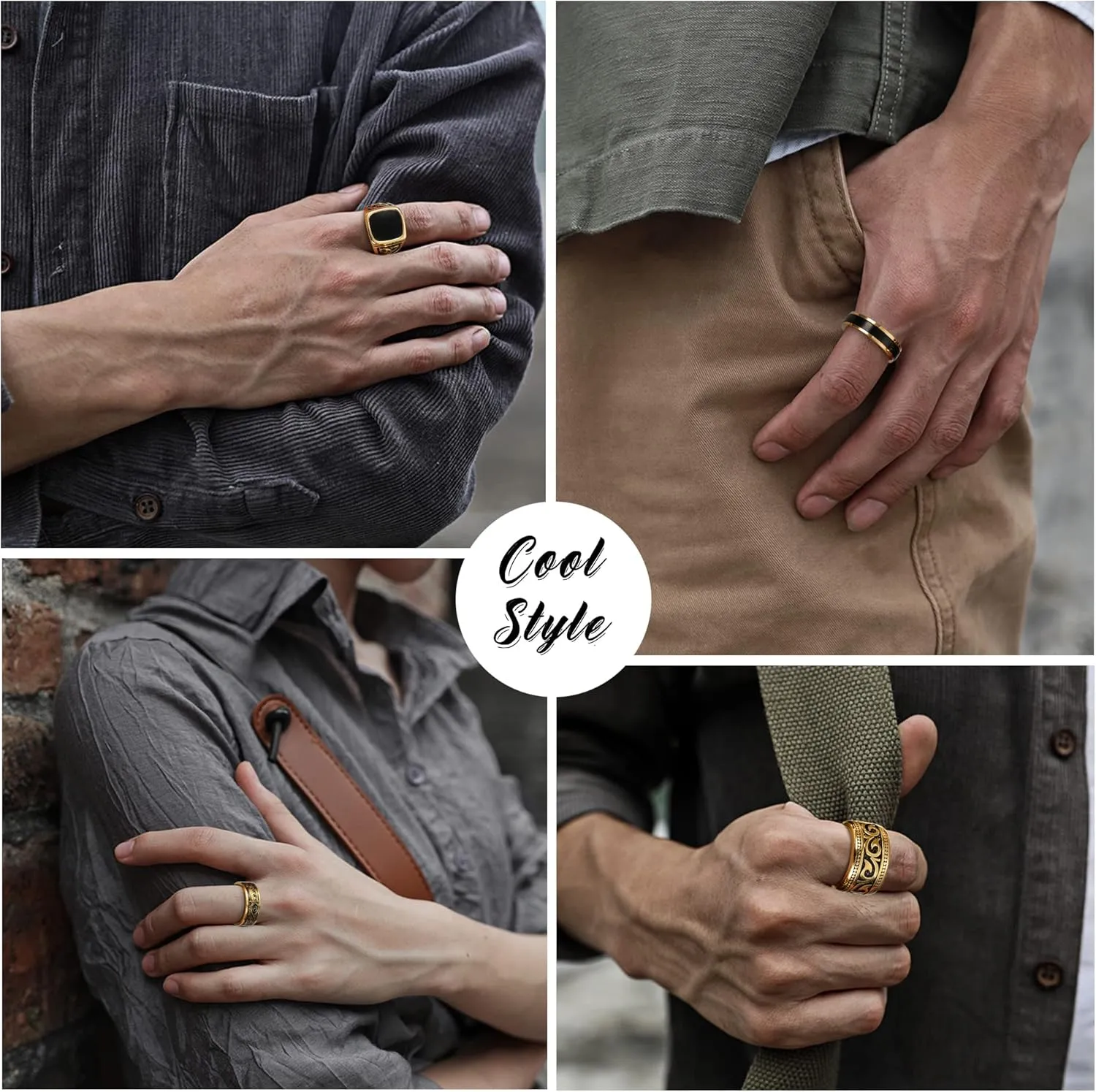 Jstyle 4Pcs Stainless Steel Vintage Signet Rings for Men Biker Rings Set Pinky Thumb Celtic Band Ring Spinner Ring Silver Gold Polished Edge Mens Rings for Men Jewelry Gift