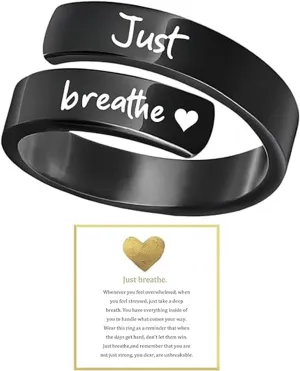 Just Breathe Ring for Men Women Silver Adjustable Heart Hope Rings Black Inspirational Spiral Wrap Healing Rings Stainless Steel Encouragement Ring Self Love Ring Jewelry