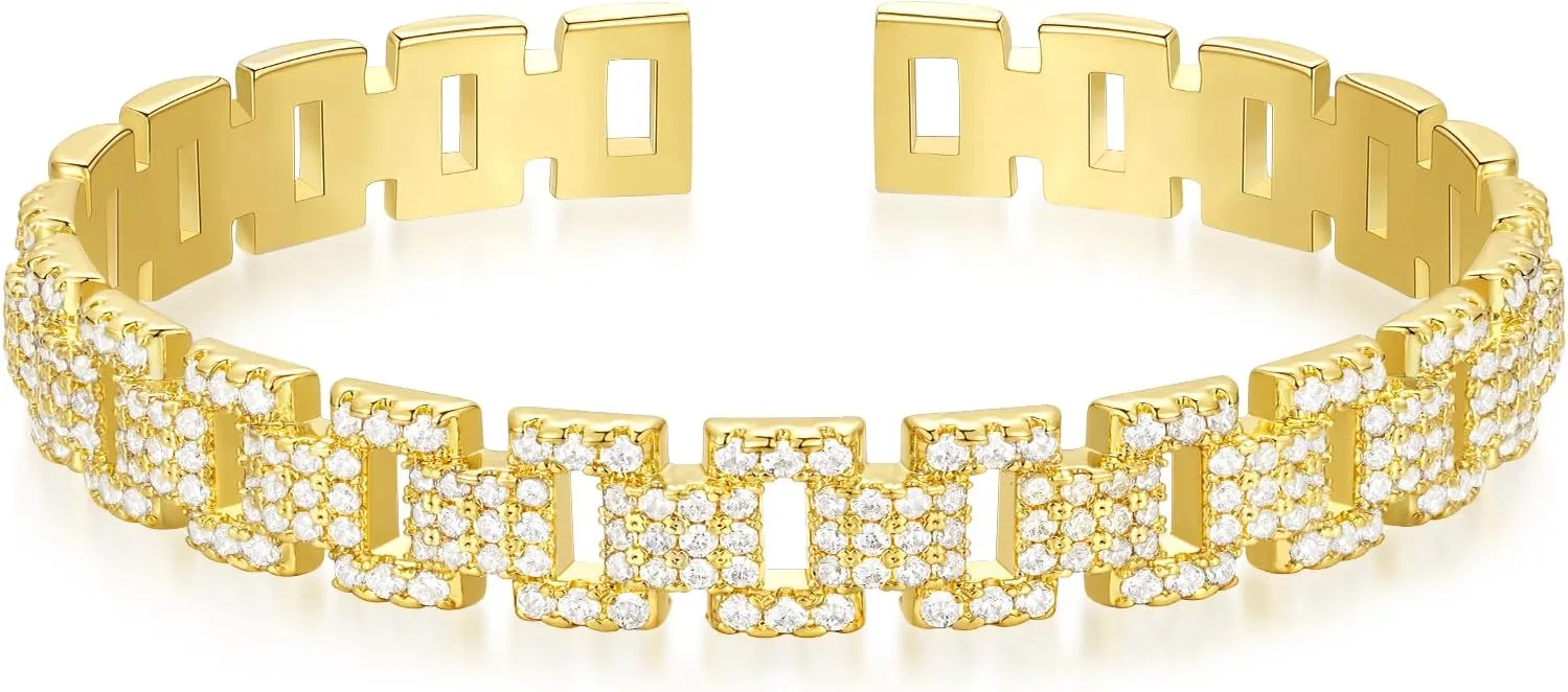KELORIS PATH Gold Cuff Bracelets for Women, 14k Gold Plated Open Twisted Adjustable CZ Cuff Bangles Dainty Jewelry Gifts