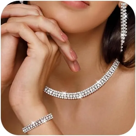 KesaPlan Rhinestone Jewelry Sets for Women, Choker Necklace, Bracelet, Dangle Earrings, Wedding Prom Dresses