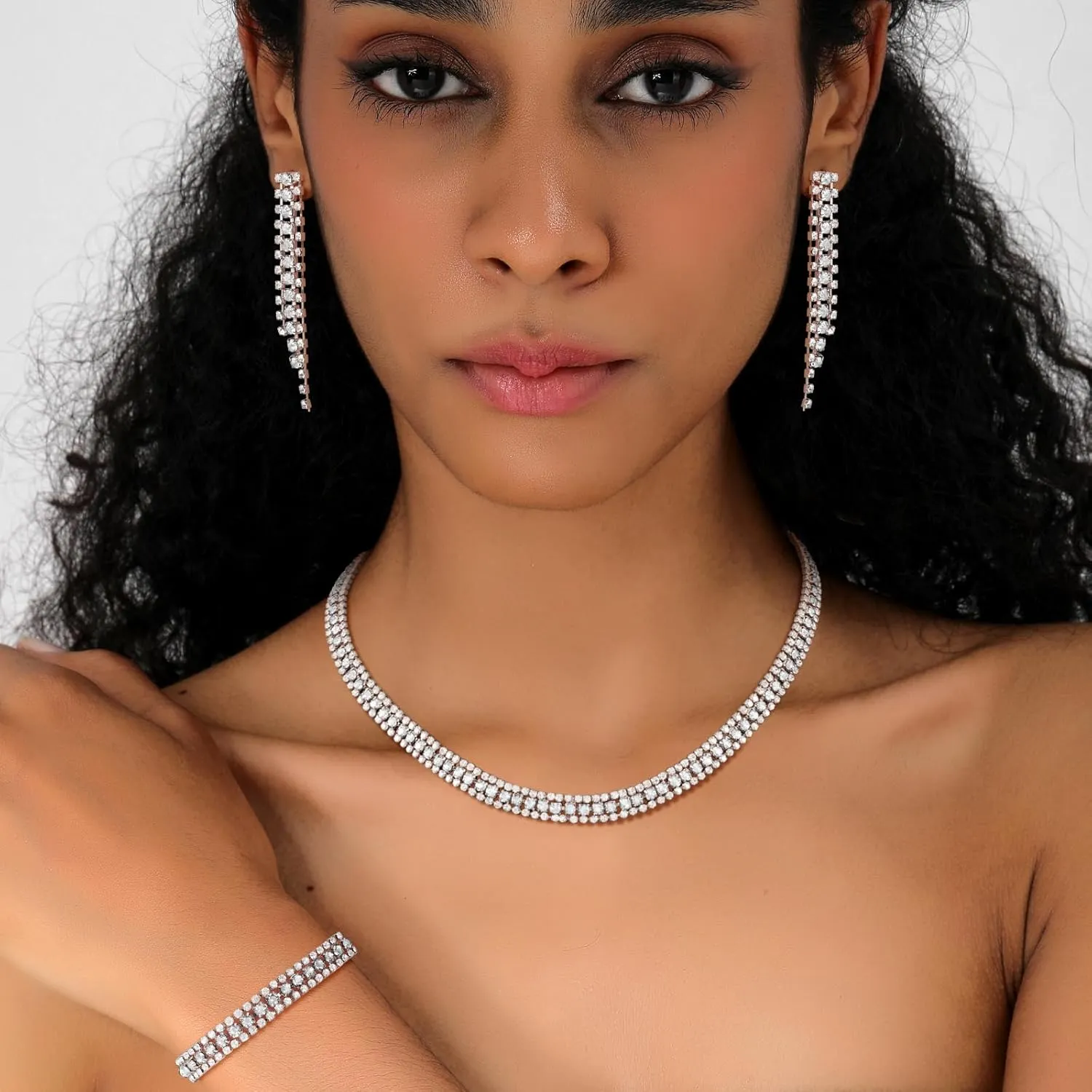 KesaPlan Rhinestone Jewelry Sets for Women, Choker Necklace, Bracelet, Dangle Earrings, Wedding Prom Dresses