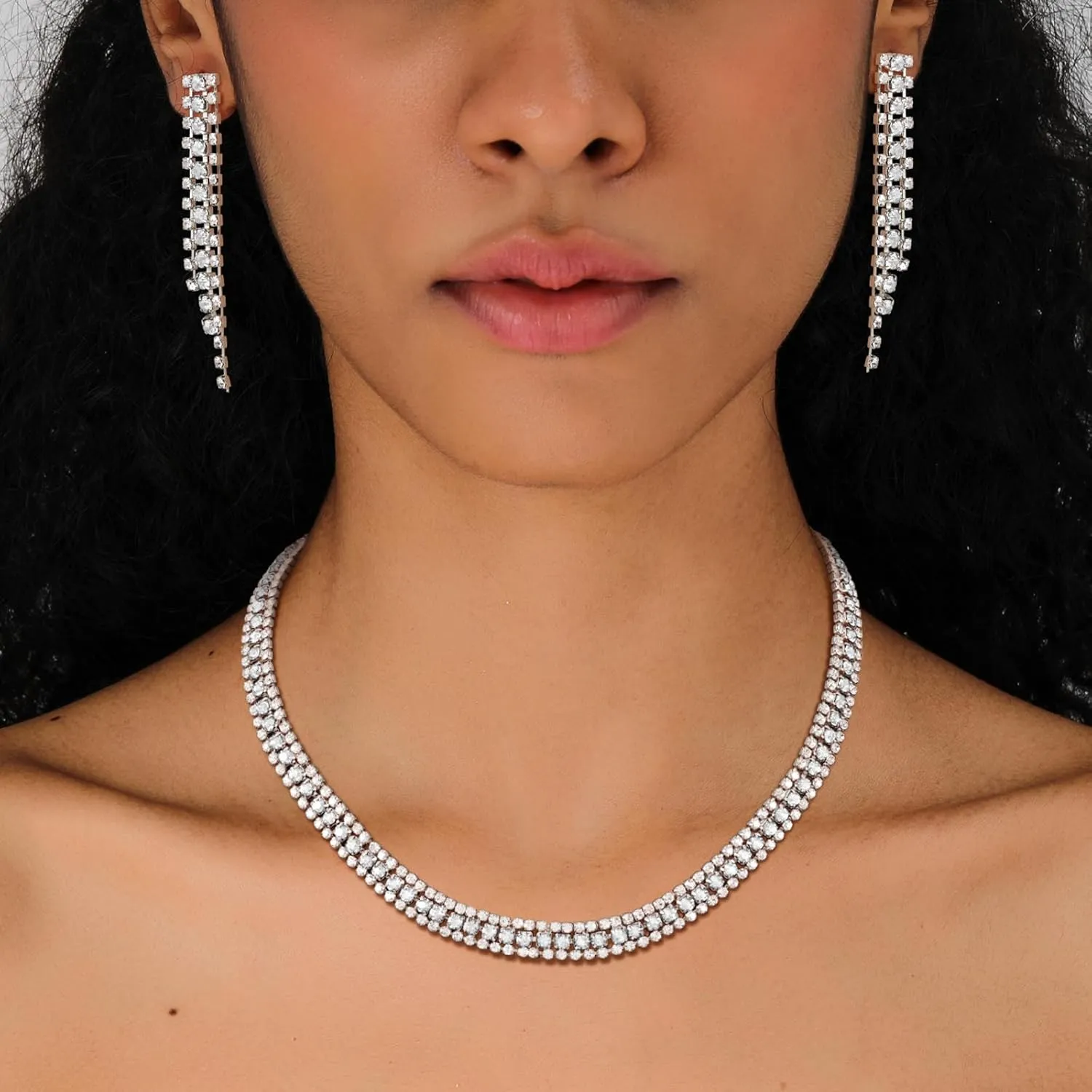 KesaPlan Rhinestone Jewelry Sets for Women, Choker Necklace, Bracelet, Dangle Earrings, Wedding Prom Dresses