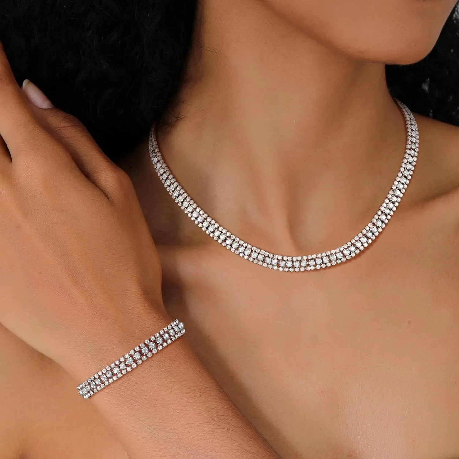 KesaPlan Rhinestone Jewelry Sets for Women, Choker Necklace, Bracelet, Dangle Earrings, Wedding Prom Dresses