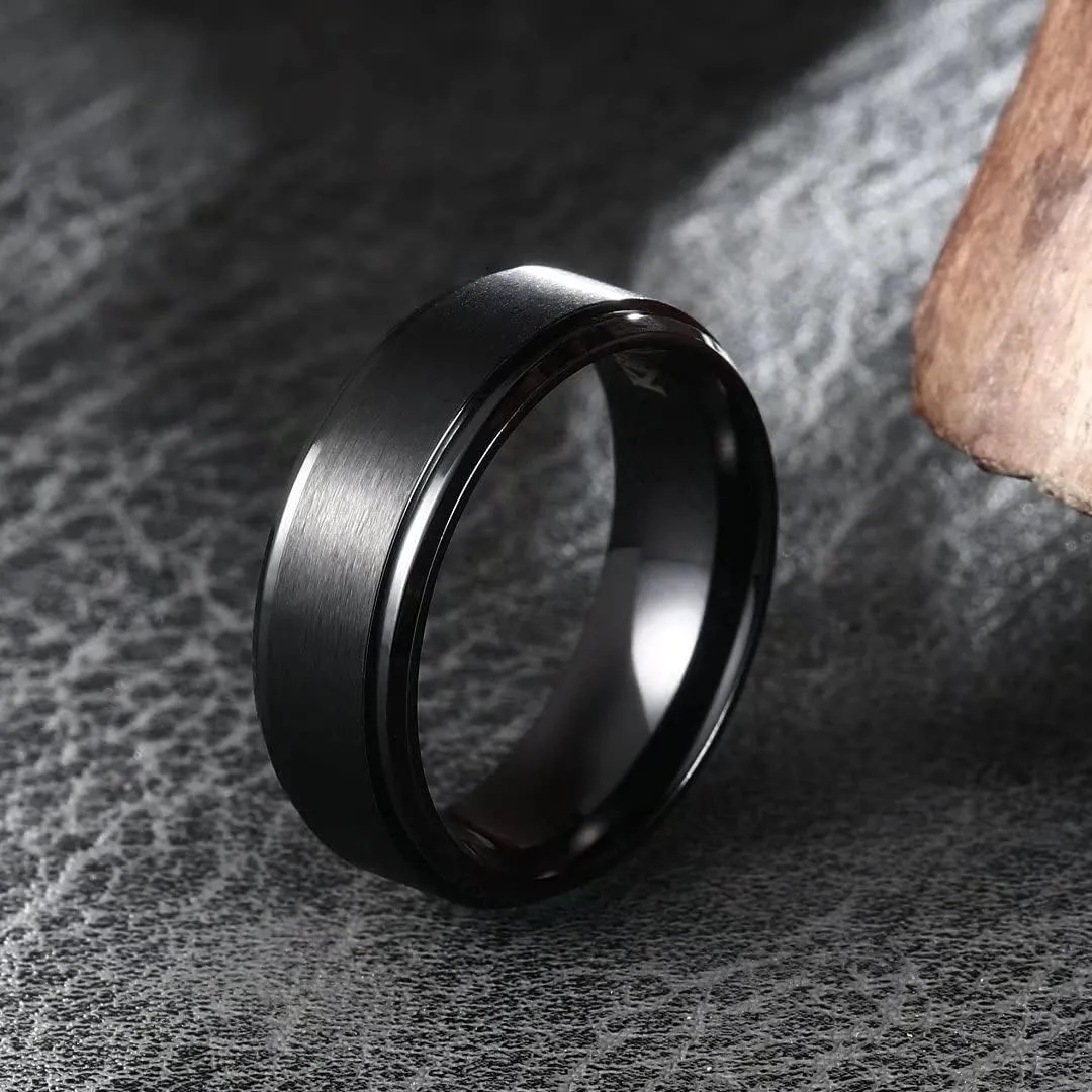 King Will BASIC Men's Black Titanium Ring 8mm Polished Beveled Stepped Edge Matte Brushed Finish Center Wedding Band 2Pcs Set
