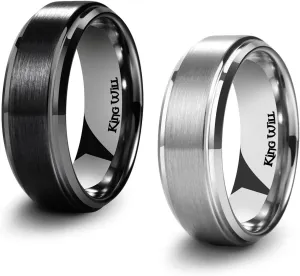 King Will BASIC Men's Black Titanium Ring 8mm Polished Beveled Stepped Edge Matte Brushed Finish Center Wedding Band 2Pcs Set