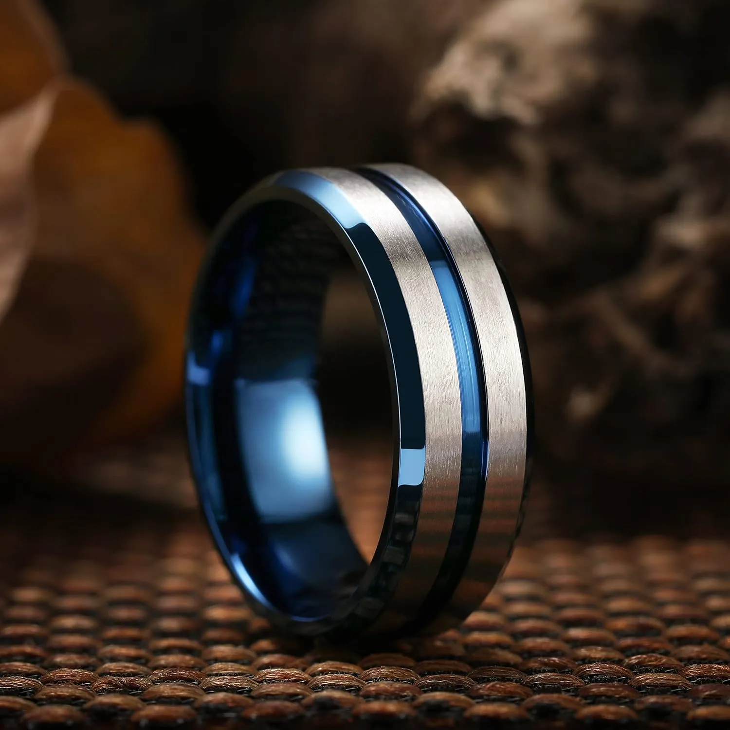 King Will Mens 8mm Rose Gold Groove/Gold Loop/Black Cross Groove Tungsten Carbide Wedding Ring Line Flat Pipe Cut Brushed Polished Comfort Fit 7-14