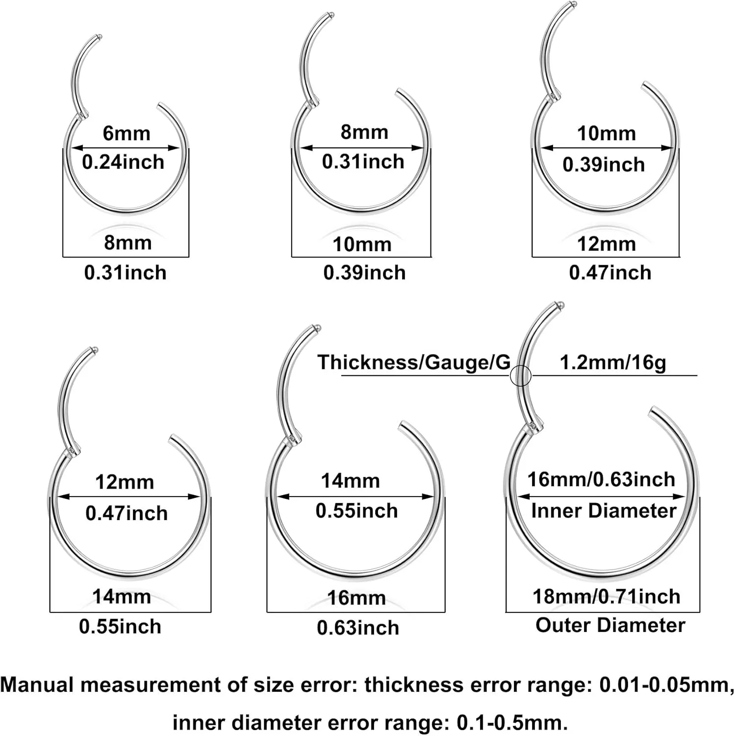 Lantine 6-12Pcs 18g 20g Nose Rings for Women Men 316L Surgical Steel 16g Septum Ring Cute Tiny Cartilage Helix Conch Daith Tragus Earrings 6-16mm Set