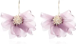 Large Lace Flower Petal Drop Dangle Earrings Chiffon Floral Tassel Chic Crystal for Vacation Wedding Bridal Prom Bohemian Holiday Jewelry