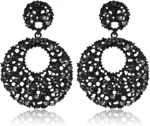 LAXPICOL Round Chandelier Earrings Dangle Drop Earrings For Women Wedding Party Prom Black Sparkly Austrian Crystal Statement Earrings