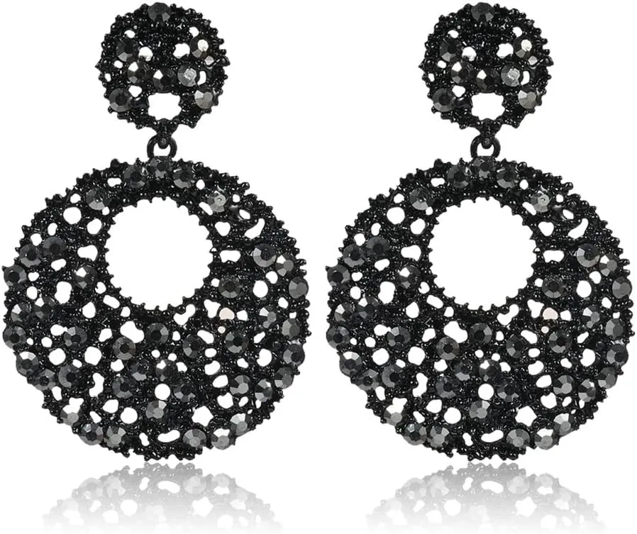 LAXPICOL Round Chandelier Earrings Dangle Drop Earrings For Women Wedding Party Prom Black Sparkly Austrian Crystal Statement Earrings