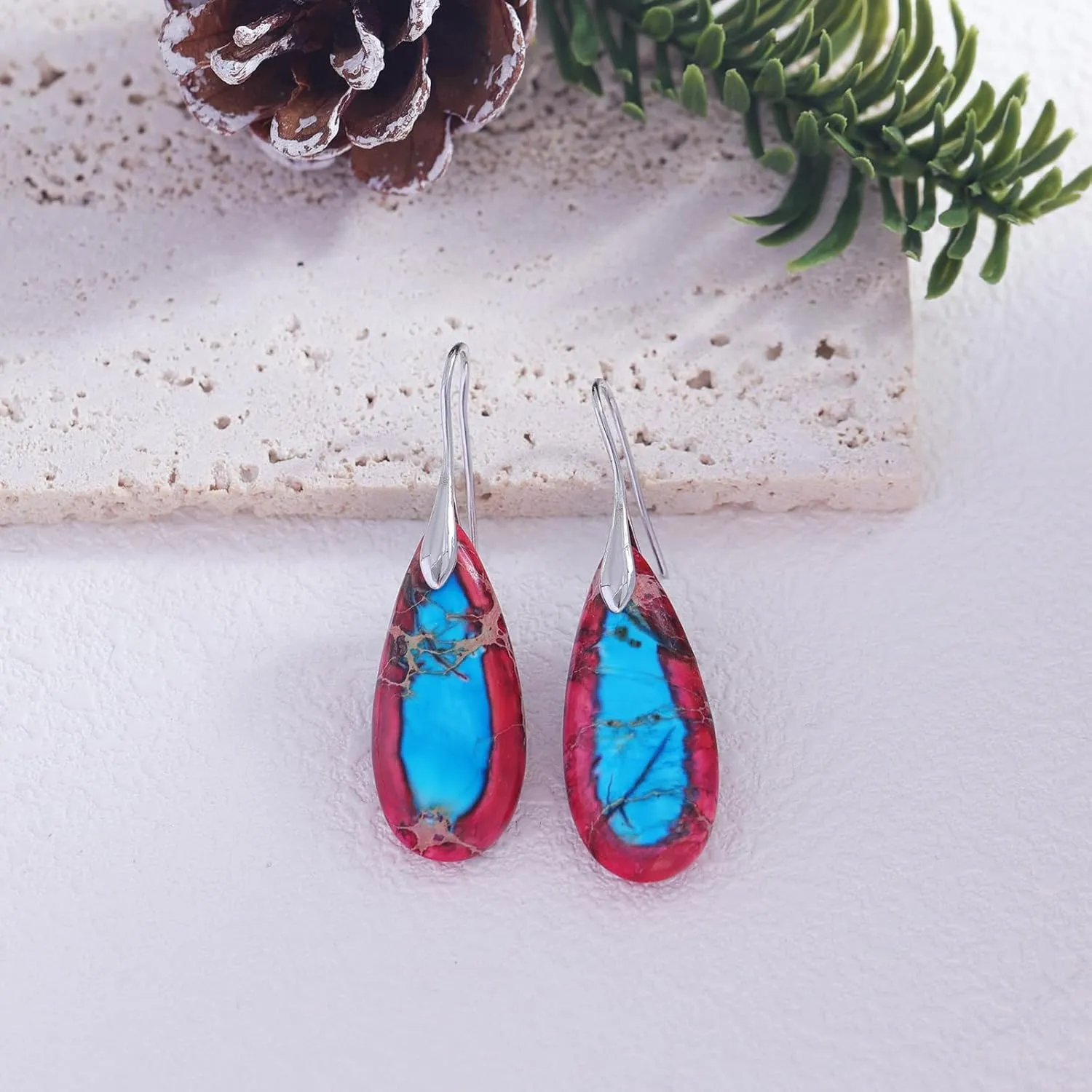 LAXPICOL Teardrop Stone Dangle Earrings For Women Colorful Turquoise Stone Fish Hook Drop Earrings
