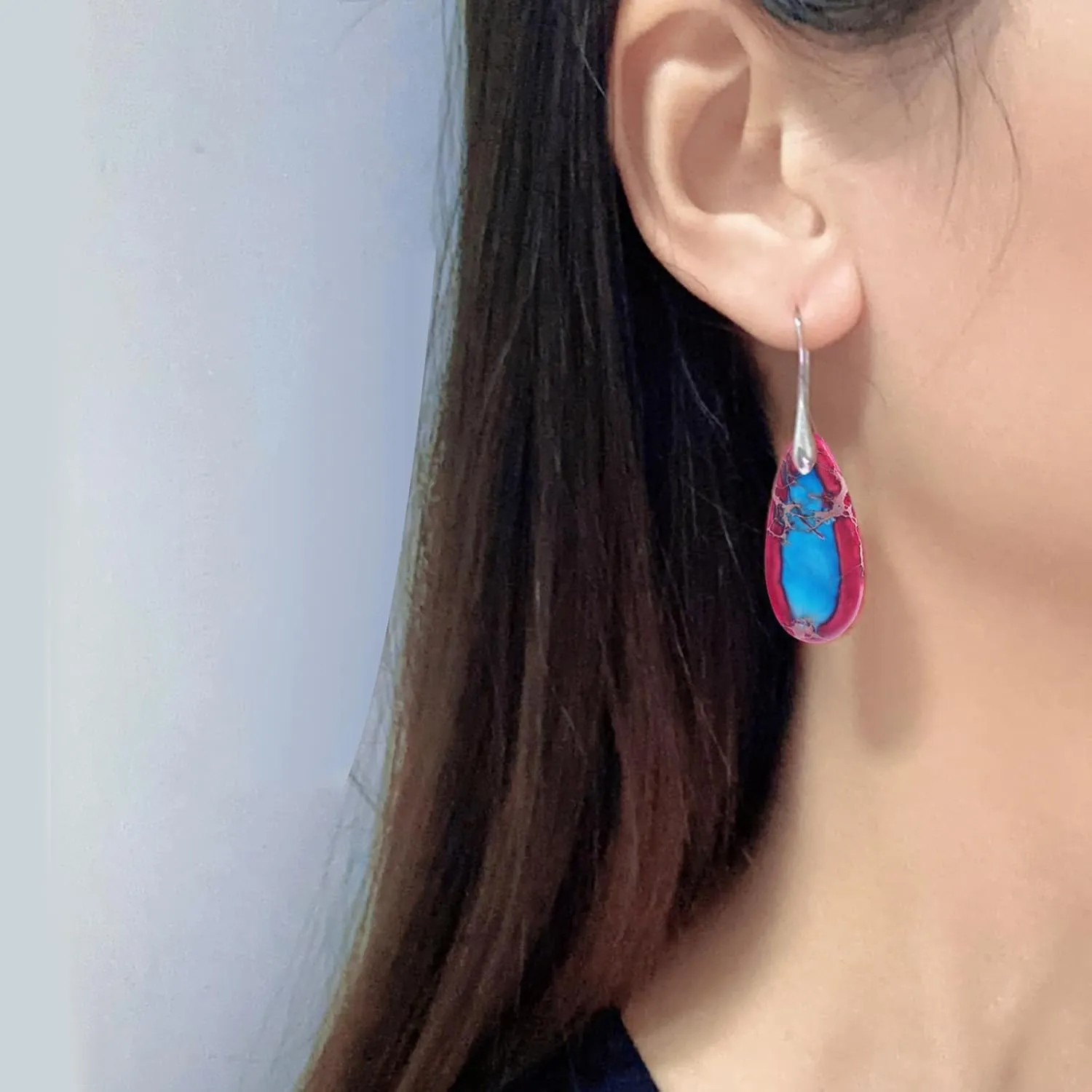 LAXPICOL Teardrop Stone Dangle Earrings For Women Colorful Turquoise Stone Fish Hook Drop Earrings
