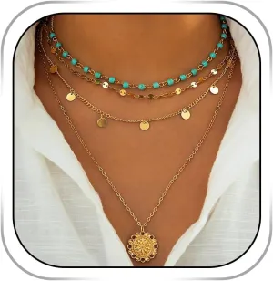 Layered Boho Necklace for Women Turquoise Coin Pendant Necklace Gold Trendy Necklace Stack Jewelry for Holiday Party
