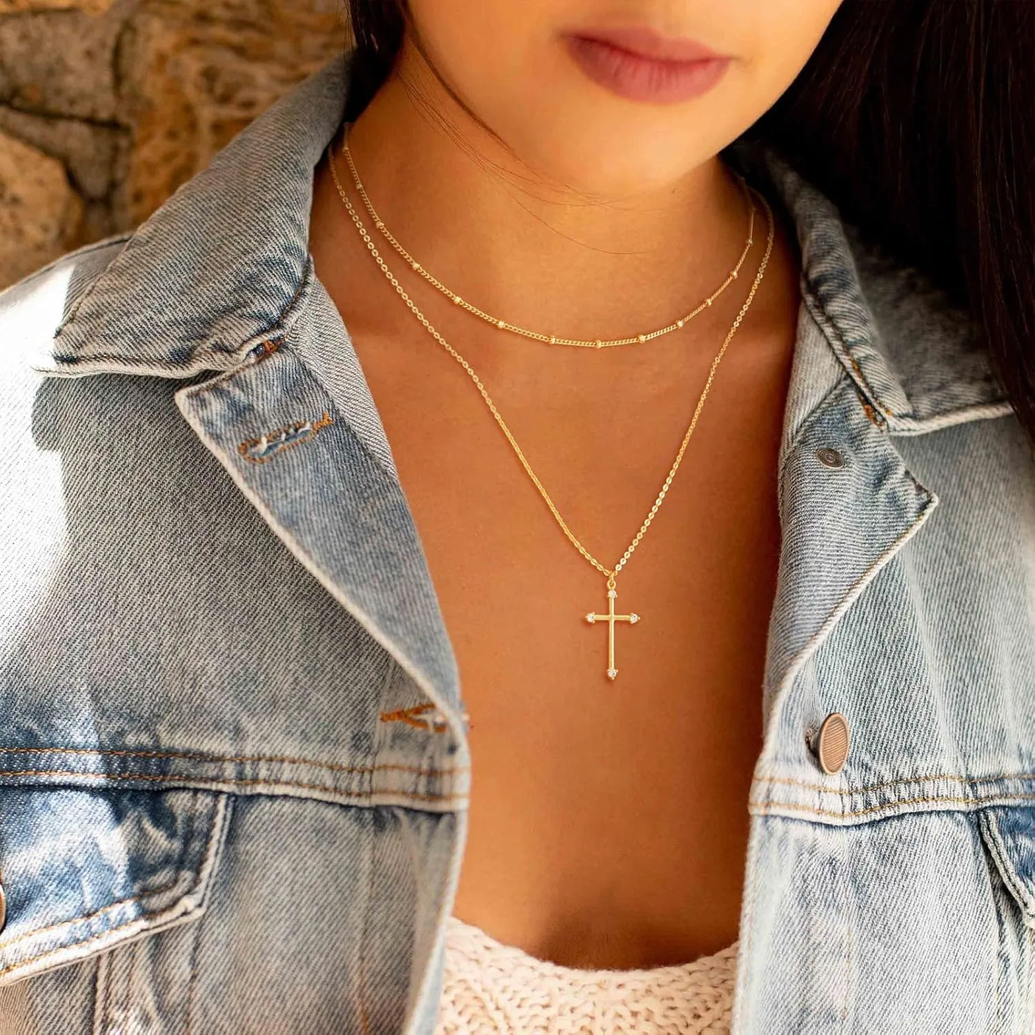 Layered Gold Cross Necklace for Women 18K Gold Plated Faith Necklace Cubic Zirconia Cross Pendant Dainty Chain Prayer Religious Jewelry