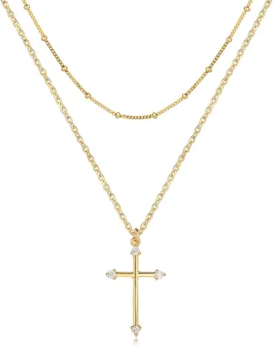 Layered Gold Cross Necklace for Women 18K Gold Plated Faith Necklace Cubic Zirconia Cross Pendant Dainty Chain Prayer Religious Jewelry