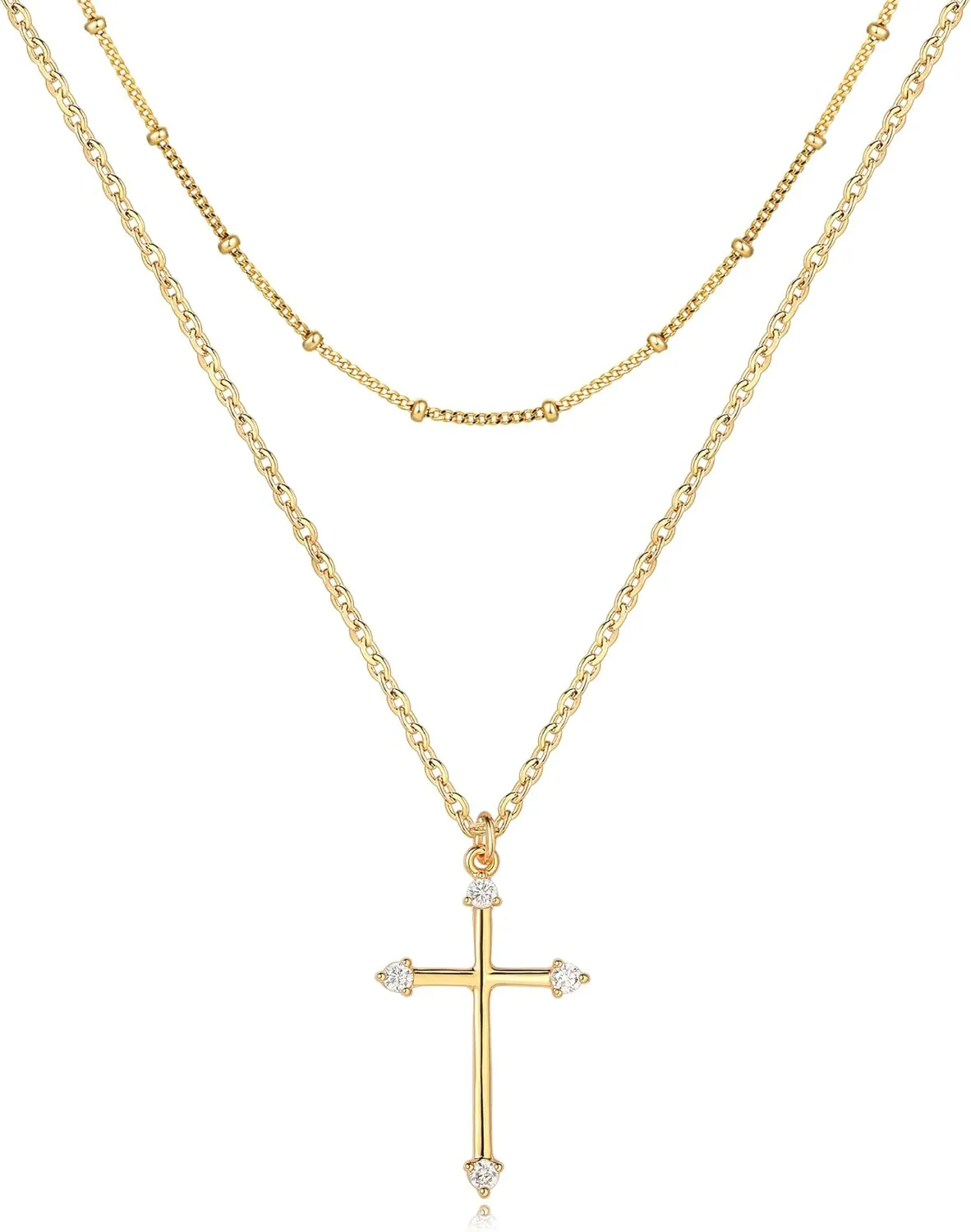 Layered Gold Cross Necklace for Women 18K Gold Plated Faith Necklace Cubic Zirconia Cross Pendant Dainty Chain Prayer Religious Jewelry