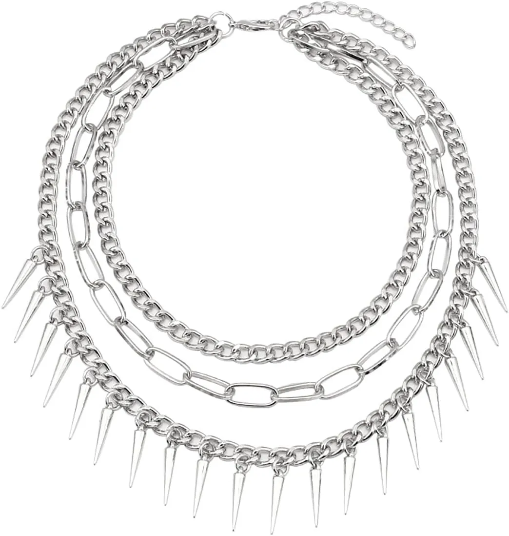 Layered Spike Collarbone Chain Necklace for Women Unisex Surgical Stainless Steel Hypoallergenic 3 Layers Tassel Charms Link Choker Chain Necklaces Trendy Geometric Jewelry for Holiday Party
