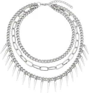 Layered Spike Collarbone Chain Necklace for Women Unisex Surgical Stainless Steel Hypoallergenic 3 Layers Tassel Charms Link Choker Chain Necklaces Trendy Geometric Jewelry for Holiday Party