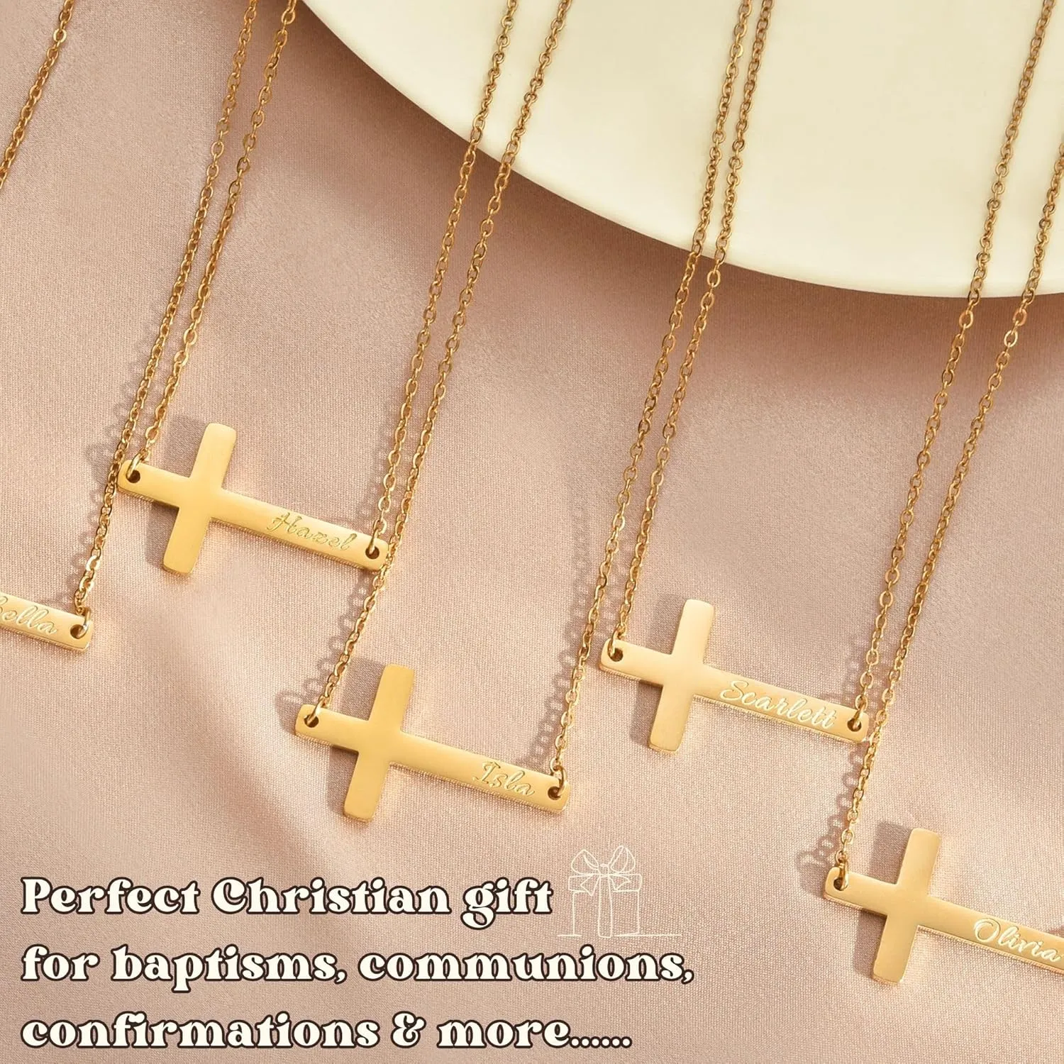 Ldurian Cross Name Necklace, Personalized Religious Cross Pendant Necklaces with Name, Dainty 14K Gold-plated Baptism Gifts, Christian First Communion Gifts for Women Faith