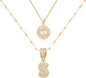 Letter Necklace for Women,14K Gold Plated Initial Necklaces, Personalized Custom Name Jewelry, Initials Pendent Necklace for Couple,2PCS Trendy Dainty Bling Necklace for Birthdays Christmas Letter S-N