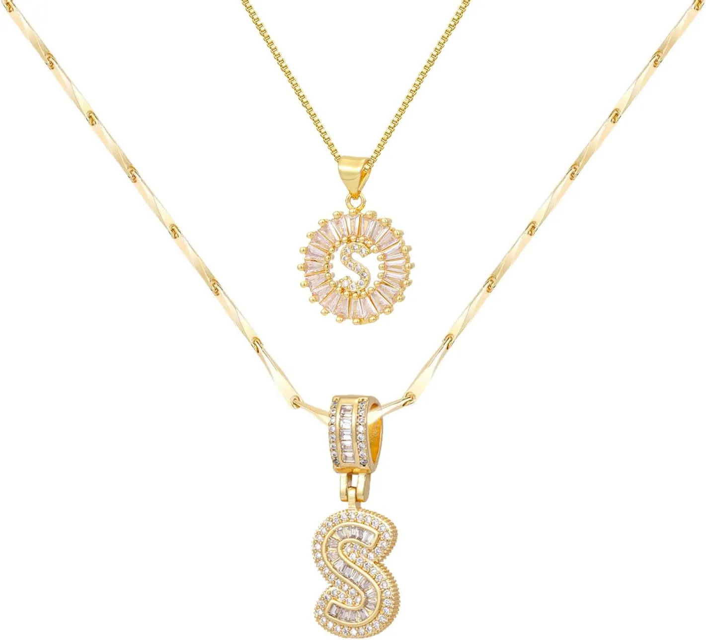 Letter Necklace for Women,14K Gold Plated Initial Necklaces, Personalized Custom Name Jewelry, Initials Pendent Necklace for Couple,2PCS Trendy Dainty Bling Necklace for Birthdays Christmas Letter S-N