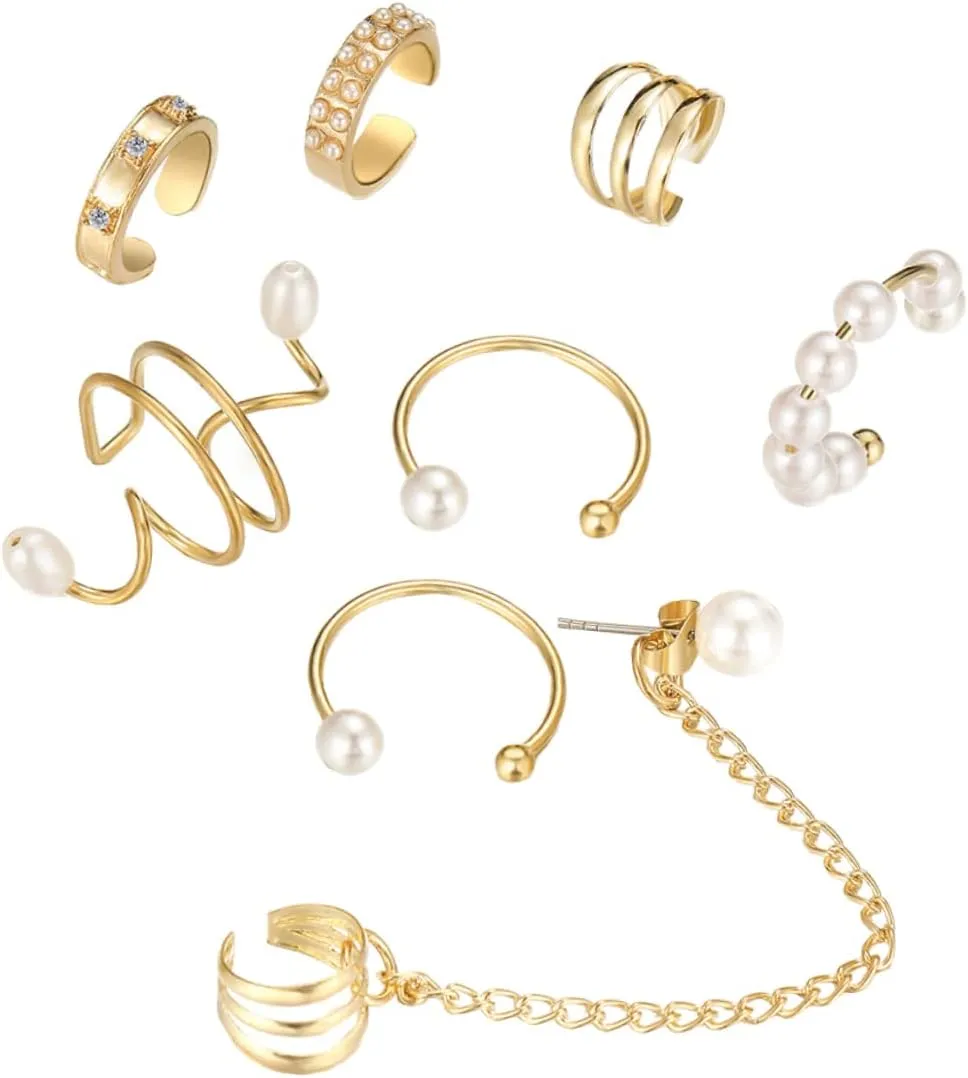 LIFKOME 8pcs Pearl Ear Cuffs Non Piercing Earrings Clip Ons for Women Men Fashion Chic Ear Jewelry Set
